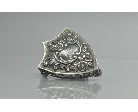 An Edward VII Silver Trinket Box of Heraldic Shield Form having Repousse Scroll Work and Centre Monogram, Birmingham Hallmark