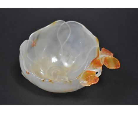 A Chinese Celadon Russet Jade Brush Washer in the Form of a Lily and Leaves, 11x9x5cms High 