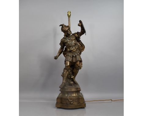 A Large Spelter Figure of Warrior on Plinth Shaped Base, Now Converted to Table Lamp, Spelter Figure, 71cms High and Total He