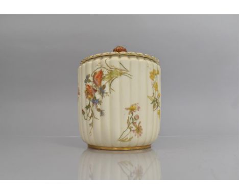 A Royal Worcester Blush Ivory Lidded Pot of Pleated Form decorated with Handpainted Flowers, No 1282, 19cms High 