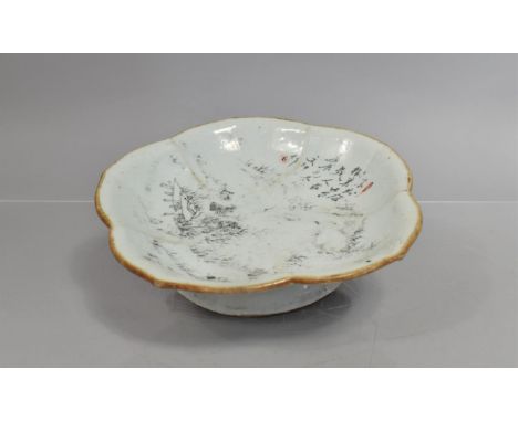 A Chinese Porcelain Calligraphy Footed Dish, Mountain Scene, Rubbed, Red Seal Mark to base, 23cms Diameter 