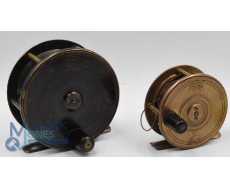 Hardy Bros Birmingham brass plate wind fly reels 3" and 4" reels (2) the 3" example c1895, with oval and rod in hand maker's 