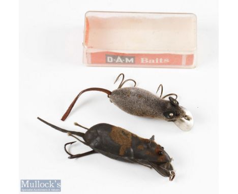2x Vintage mouse artificial baits with a DAM baits box measures 2" approx. the other measures 2 ½" approx.