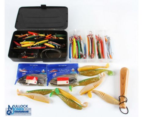 A collection of fishing tackle, as follows: plastic box with artificial sea fishing lures, 21, 50 to 125g; Abu black box with