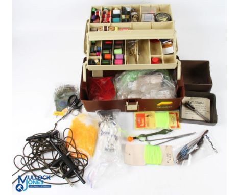 Fly Tying Kit, a good starters kit within a cantilever plastic tackle box, with contents of reels of tread, tinsel, line, fea