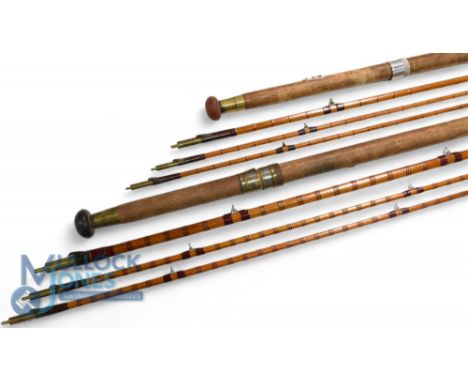 J R Moreton &amp; Co Birmingham split cane salmon fly rod - 15ft 3pc with spare tip, brass sliding reel fittings and collars,