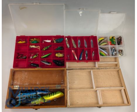 Quantity of Fishing Spinners Spoon Plugs Artificial Baits, within 4 plastic and 2 wooden tackle boxes, with makers of Glading