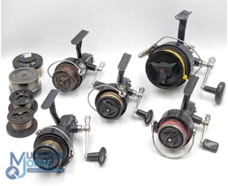 Collection of 5 vintage Mitchell spinning reels, a black finish 300 in working order with good original finish, screw fold ha