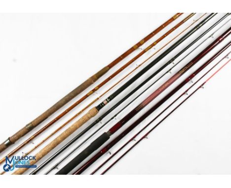 Various Fishing Rods - to incl Daiwa hollow glass match rod 13ft 6in 3 piece with 24" handle and alloy sliding reel fittings,