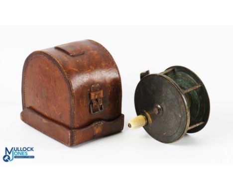 C Farlow &amp; Co 4" all brass fly reel and leather D block reel case (missing strap) fish logo stamped to smooth brass foot,