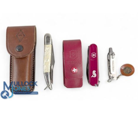 Fishing Pocket Knife &amp; Tools, to include Victotinox Swiss pocket Knife In leather case, a Whitby Tackle fish knife in lea