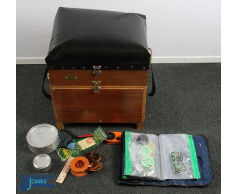 Terry Depledge wooden fishing tackle box seat, with padded seat, webbing shoulder strap, brass handles - size #54cm x 54cm x 