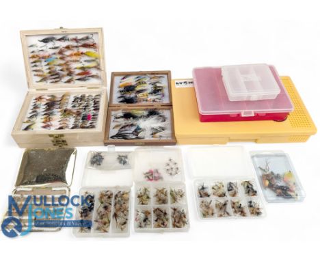 Fly Fishing Boxes, wooden and plastic boxes of trout and salmon flies, a good collection inside a double-sided fly box with f