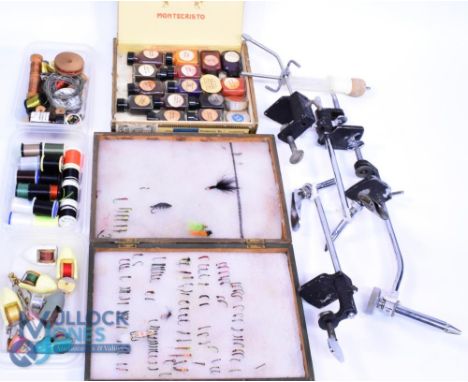 A collection of fly fishing accessories and tools, as follows: 3x Veniard lever vice. A Veniard lever vice with spool holder.