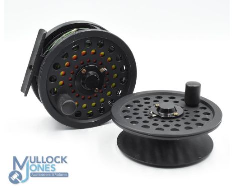 Sharpes of Aberdeen ‘Menteith' 3 5/8" alloy fly reel and spool (2) in black finish, with UK and USA Patent twin drag to rear,