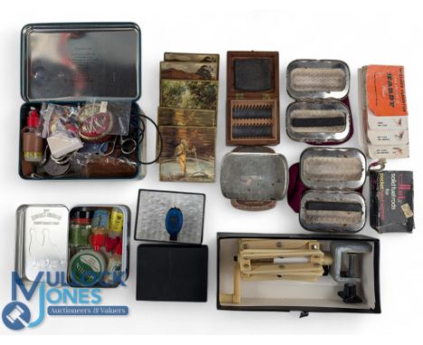 Fishing Accessories, a mixed box to include fishing glasses clip on and magnifying, Hardy bag, hooks, tackle tin boxes, sciss