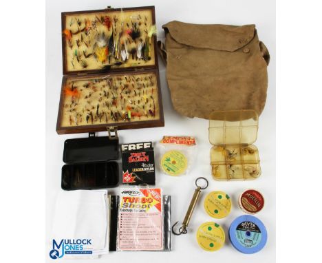 A collection of fly fishing equipment, as follows: Hardy Bros Spring brass scales to 25lbs; double sided wooden fly box 9.5" 
