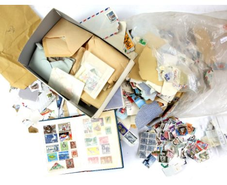 Two boxes, World stamps mixture in packets, small tins, boxes with Great Britain, Australia, Old Approval Books, First Day Co