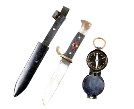 Hitler Youth knife in scabbard, and a military compass,