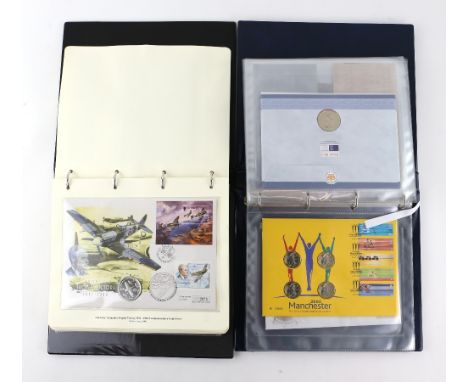 2 Albums First Day Covers including 2002 Commonwealth Games £2 x 4, £5 coins, Aviation Heritage Stamps and coin covers