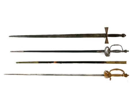  Court sword by E Thurkle, Soho, London, the 81cm etched blade with cut steel guard and handle, black leather scabbard, anoth