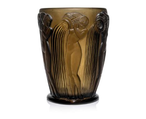  RENÉ LALIQUE (1860-1945) DANAÏDES VASE, NO. 972 designed 1926topaz, and white stainedmoulded R. LALIQUE 18.5cm (7 ¼in) high 