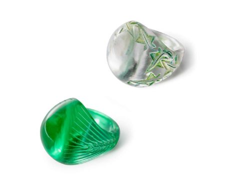 RENÉ LALIQUE (1860-1945) TWO RINGS ÉPIS RING, NO. 1254 Bdesigned 1931green, and white stainedwheel-engraved R. LALIQUEtogeth