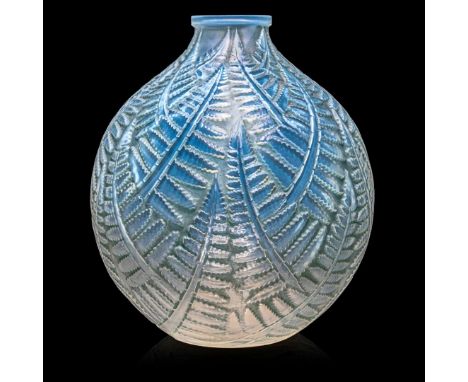  RENÉ LALIQUE (1860-1945) ESPALION VASE, NO. 996 designed 1927cased opalescent, and green stainedengraved R. Lalique France N