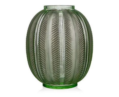  RENÉ LALIQUE (1860-1945) BISKRA VASE, NO. 1078 designed 1932apple green, and white stainedstencilled R. LALIQUE FRANCE 29cm 