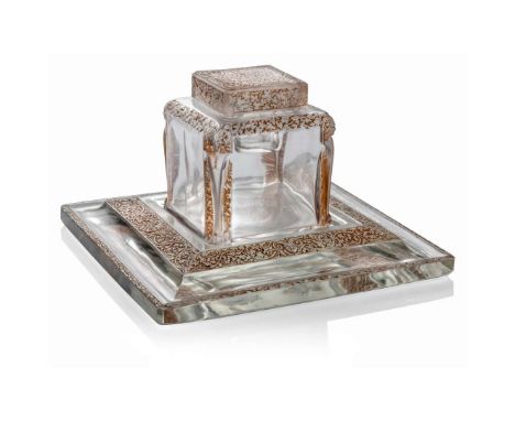 RENÉ LALIQUE (1860-1945) FAUNES CARYATIDES ET MASQUES INKWELL probably designed 1912clear, frosted and sepia stainedinkwell 