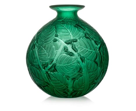  RENÉ LALIQUE (1860-1945) MILAN VASE, NO. 1029 designed 1929green, and white stainedengraved R. Lalique France&nbsp; 28.5cm (
