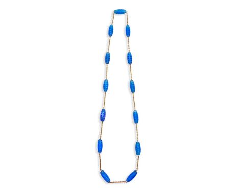  RENE LALIQUE (1860-1945) PETITE FEUILLES NECKLACE, I design date unknown13 beads, blue, and blue stained, metal chainunmarke