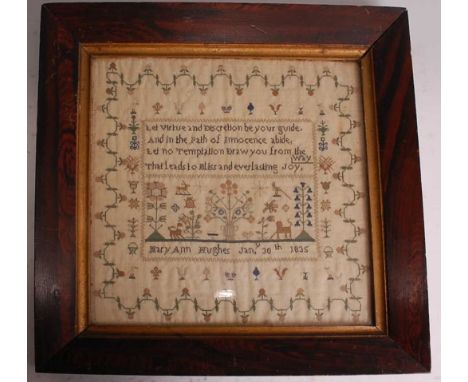 A William IV verse and picture embroidery sampler, by Mary Ann Hughes, dated January 30th 1835, bearing four-line homily and 