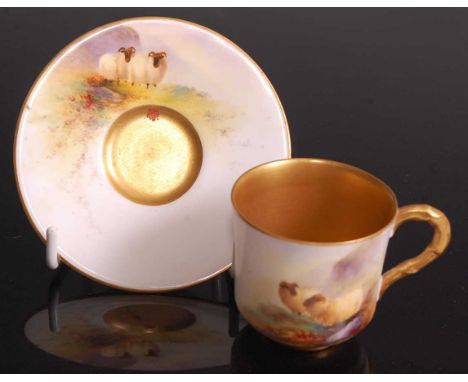 A Royal Worcester porcelain miniature cabinet cup and saucer, painted in polychrome enamels with two sheep on heathland, the 