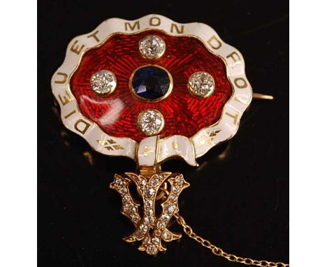 A yellow metal, sapphire and diamond enamel brooch, comprising an oval panel in red guilloche enamel within a white enamel be