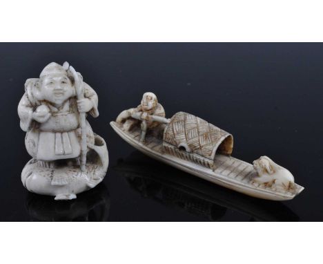 A Japanese Meiji period carved ivory netsuke fashioned as a fishmonger, upon a fish, signed verso, 4.5cm; together with one o