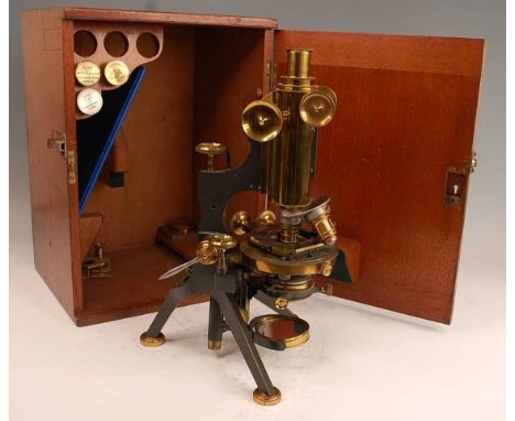 A circa 1900 W. Watson &amp; Sons No.1 Van Huerck compound microscope, having anodised brass tripod stand, adjustable viewing
