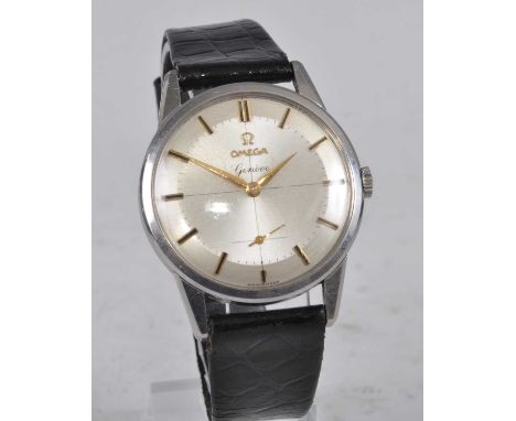 A gents stainless steel Omega Geneve manual wind wristwatch, having silvered dial and subsidiary dial at 6, fitted to a black