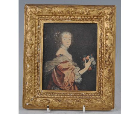 Early 19th century English school after Sir Anthony van Dyck- Half-length portrait of Margaret Lemon, wearing a pearl necklac