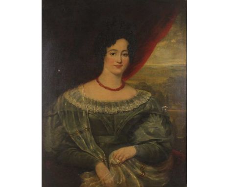 Late 18th century English school - Half-length portrait of a lady with landscape beyond, oil on canvas, 91 x 70cmCondition re