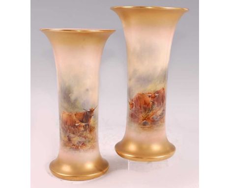 A pair of Royal Worcester trumpet vases decorated by James Stinton, painted with Highland cattle in a landscape to a blush iv
