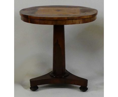 A William IV rosewood pedestal occasional table, the circular fixed top with centre satinwood four-quarter veneered panel, th