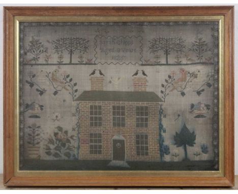 A Regency needlework picture sampler, by Sarah Chipps aged 8 years, dated 1825, 32 x 43cm, housed in a modern glazed frame.Co