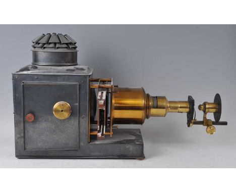 A Victorian magic lantern projector, with lacquered brass projection microscope lens and mahogany slide-holder by R. R. Beard