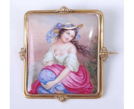 Late 19th century English school - enamelled miniature portrait plaque, depicting a young woman in a loose dress wearing a ri