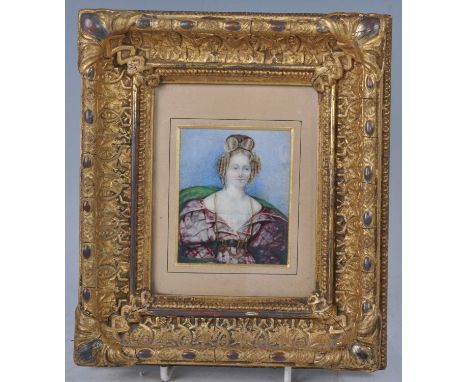 19th century English school - Bust portrait of a young woman, miniature watercolour on ivory, 8 x 7cm