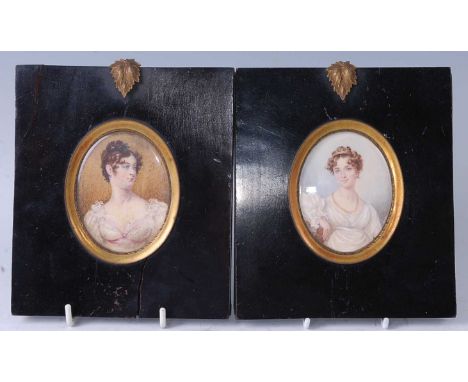 Mid-19th century English school - a pair of portrait miniatures, each being bust portraits of young women, watercolours on iv