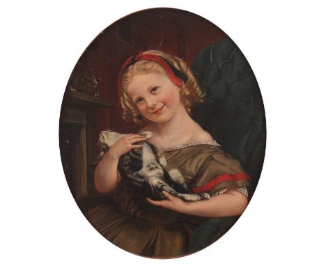 Philipp Hoyoll (German 1818-1876) - Half-length portrait of a girl holding a kitten, oil on canvas, framed as an oval, signed