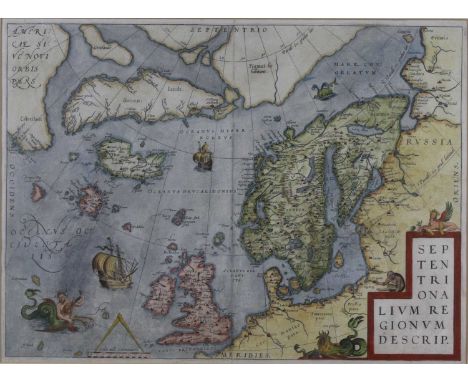 Abraham Ortelius – Septentrionalium Regionum Descrip. (map of the north Atlantic, Britain, Ireland, Scandinavia, Iceland and 