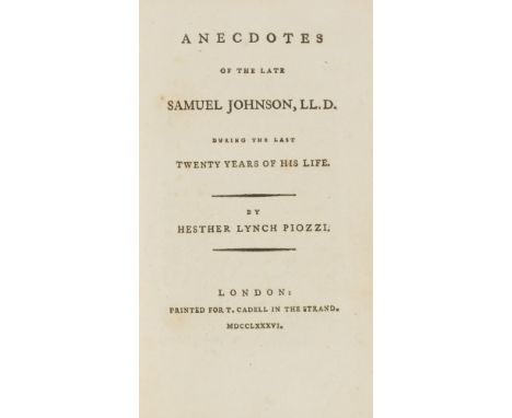 Johnson (Samuel).- Piozzi (Hester Lynch) Anecdotes of the late Samuel Johnson, first edition, half-title, contemporary calf, 